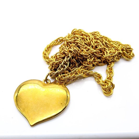 Vintage Brass Heart Pendant Necklace with Long Gold Tone Rope Chain, Flair - Picture 1 of 3